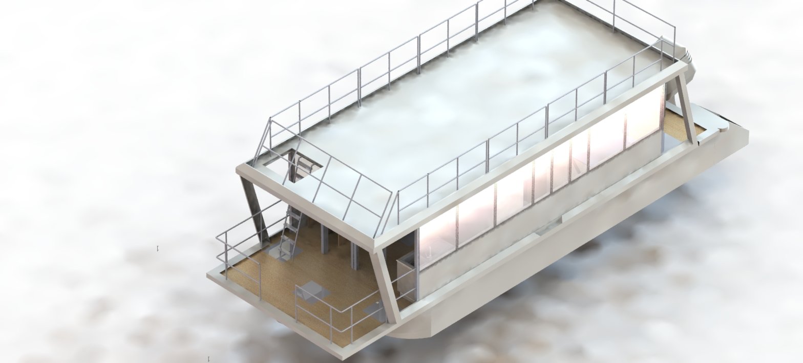 Twin-hull houseboat CAD render with glass cabin and upper sundeck