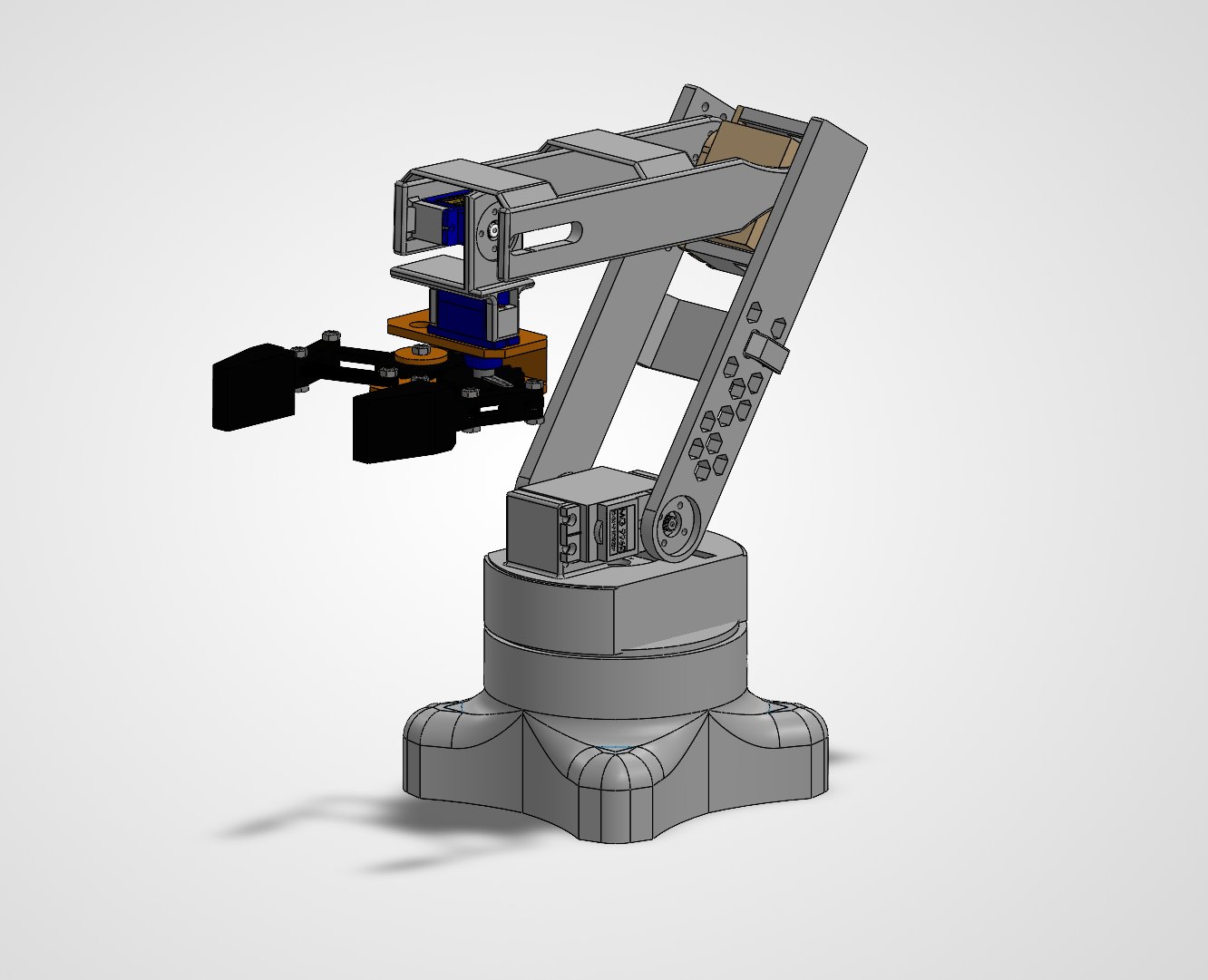 5-DOF robotic arm CAD model with gripper and servo-driven joints